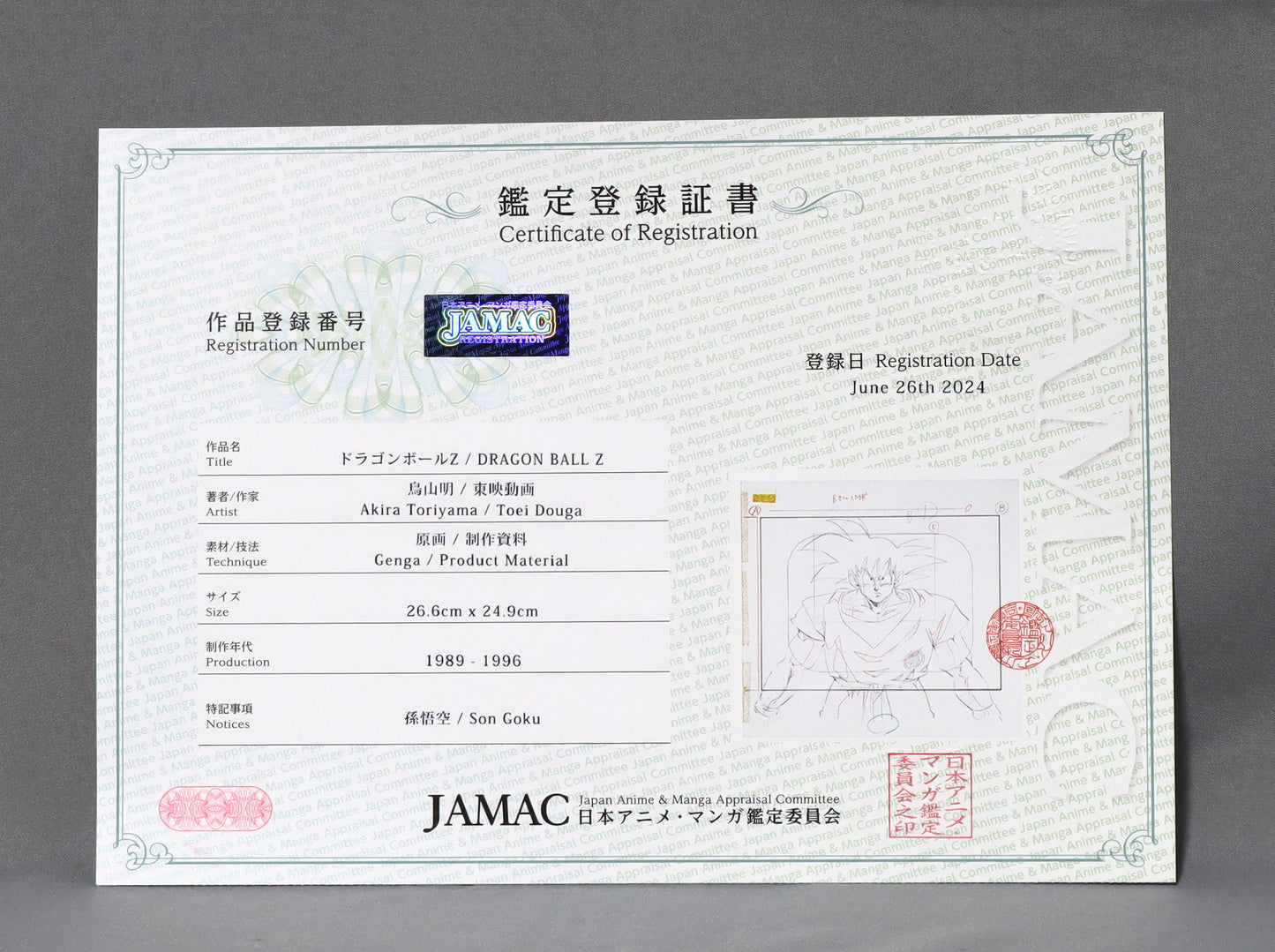 Genga"DRAGON BALL Z, Son Goku",1989-1996, with certificate of authenticity